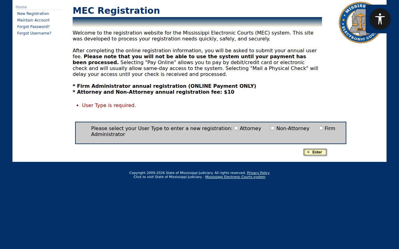 Mississippi PAMEC public user registration screen for Sharkey County court records